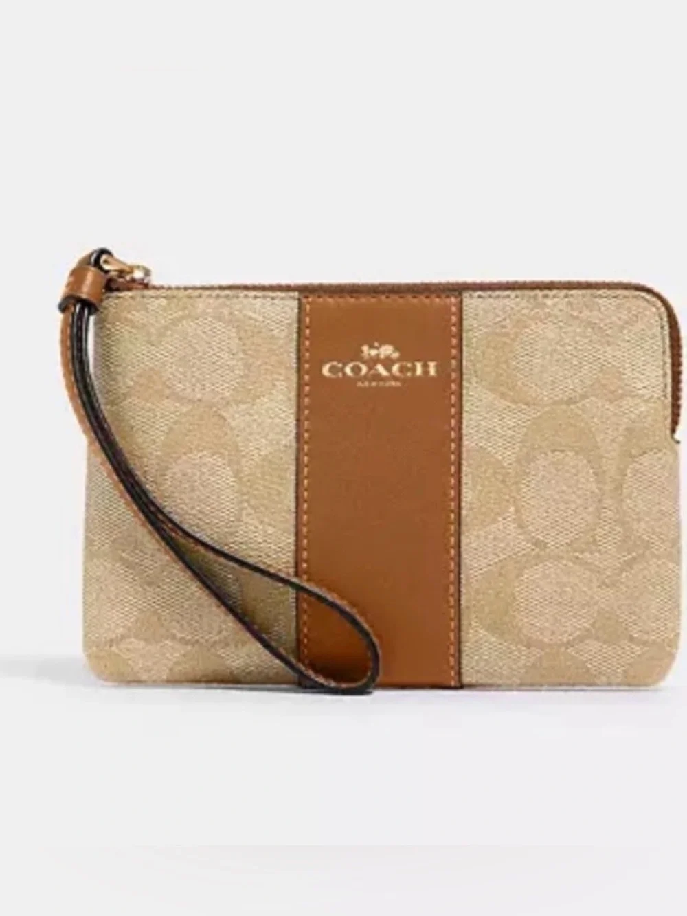Coach Signature Canvas Corner Zip Wristlet. NWT Light Khaki/Light Saddle